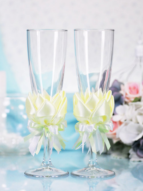 Свадебные бокалы Лотос, желтый неон Свадебные недорогие бокалы для шампанского, ручной декор, цена за 2 шт.
