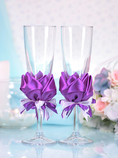 Свадебные бокалы Лотос, фиолет Свадебные недорогие бокалы для шампанского, ручной декор, цена за 2 шт.