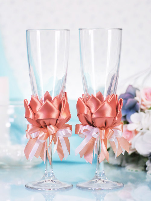 Свадебные бокалы Лотос, кирпичный Свадебные недорогие бокалы для шампанского, ручной декор, цена за 2 шт.