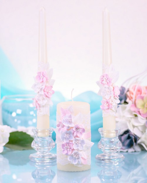 Домашний очаг Вишневый сад, розовый Свадебные свечи для традиционного зажжения домашнего очага. В наборе 3 свечи, ручная работа. Изготовление под заказ