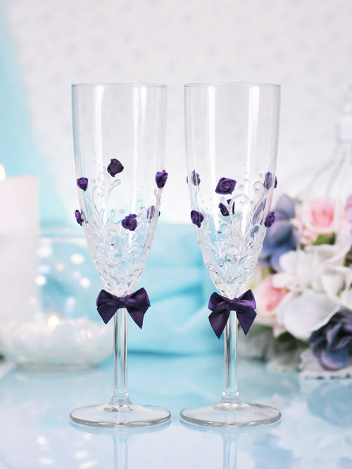 Свадебные бокалы Астранция фиолет, deco-034 Свадебные бокалы для шампанского, ручной декор. Изготовление под заказ, 2 шт. упакованы в коробку.