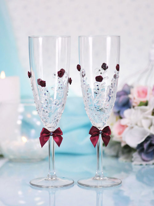 Свадебные бокалы Астранция бордо, deco-034 Свадебные бокалы для шампанского, ручной декор. Изготовление под заказ, 2 шт. упакованы в коробку.