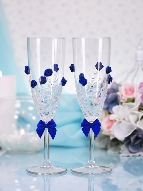 Свадебные бокалы Астранция синий, deco-034 Свадебные бокалы для шампанского, ручной декор. Изготовление под заказ, 2 шт. упакованы в коробку.