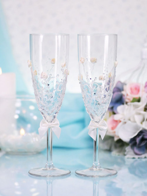 Свадебные бокалы Астранция, кремовый Свадебные бокалы для шампанского, ручной декор. Изготовление под заказ, 2 шт. упакованы в коробку.