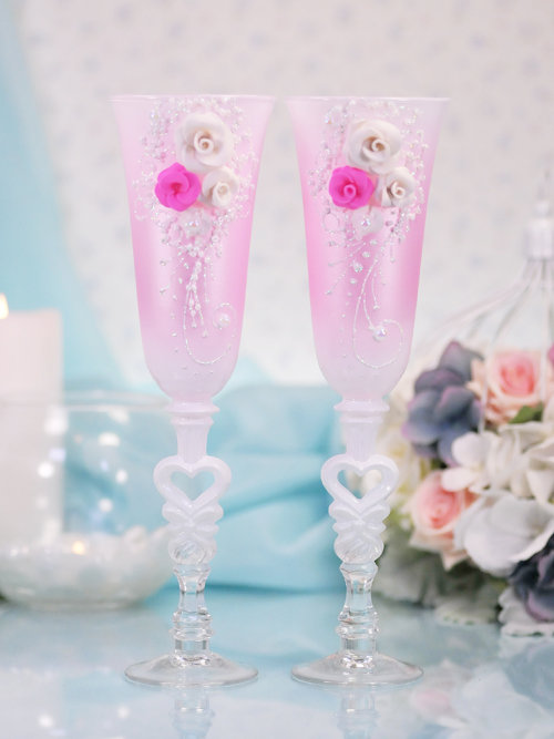 Свадебные бокалы С416, лепнина Свадебные бокалы розовые с лепниной, Жених и Невеста, цена за пару