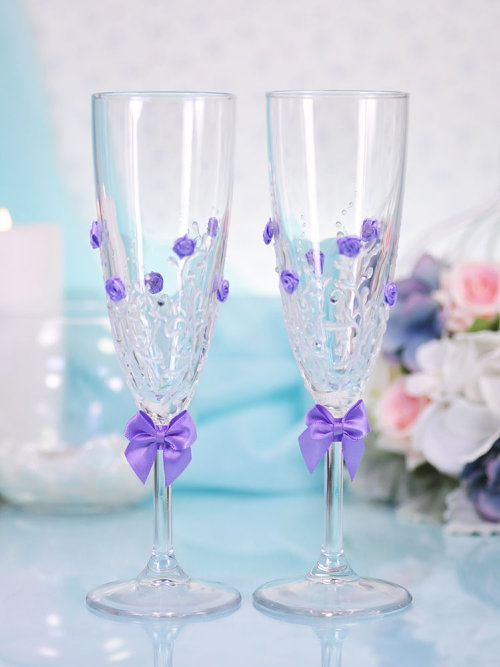 Свадебные бокалы Астранция лаванда, deco-034 Свадебные бокалы для шампанского, ручной декор. Изготовление под заказ в любом цвете, 2 шт. упакованы в коробку. Изготовление под заказ