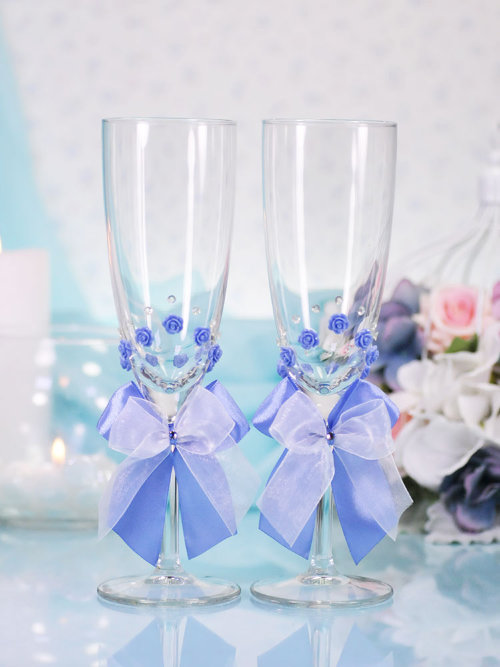 Свадебные бокалы Нежность, deco-036 цвет голубой Свадебные бокалы для шампанского, ручной декор. Высота бокала 21 см, цена за пару. Изготовление под заказ, срок 1-5 дней