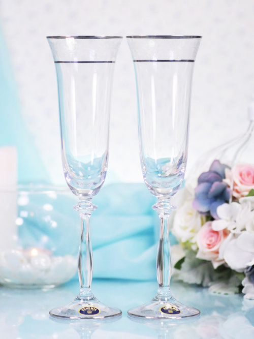 Свадебные бокалы Angela обводка платина и золото Свадебные бокалы для шампанского 190мл, хрустальное стекло. Платиновая обводка с гравированными цветами