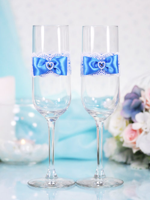 Свадебные бокалы Гармония, цвет васильковый Свадебные бокалы, ручной декор в васильковом цвете, цена за пару