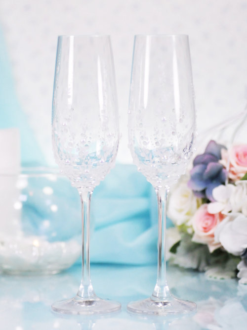 Свадебные бокалы Жемчужный бриз, deco-050 Свадебные бокалы для шампанского 2шт., ручной декор. Изготовление под заказ, упакованы в коробку.