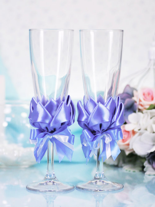 Свадебные бокалы Лотос, голубой Свадебные недорогие бокалы для шампанского, ручной декор, цена за 2 шт.