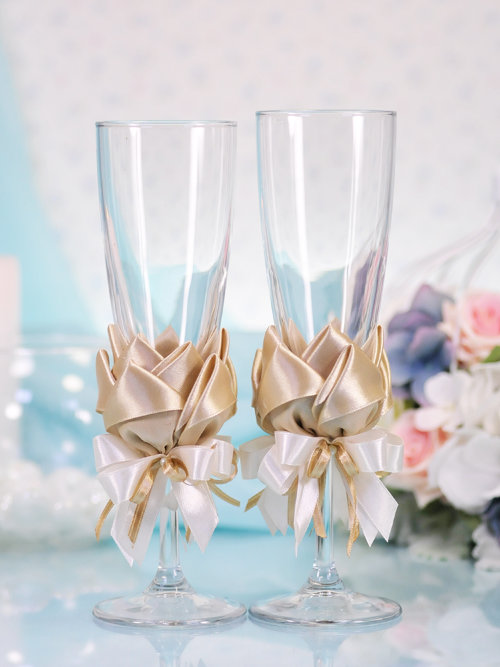 Свадебные бокалы Лотос, золотистый Свадебные недорогие бокалы для шампанского, ручной декор, цена за 2 шт.