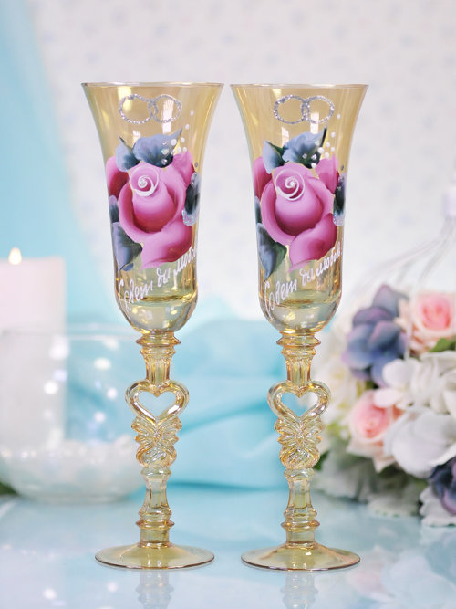 Свадебные бокалы 15-10 Свадебные бокалы для шампанского из стекла с ручной росписью, надпись "Совет да любовь"