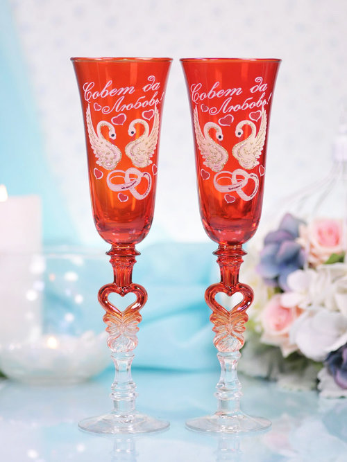 Свадебные бокалы 15-16 Свадебные бокалы красные для шампанского с ручной росписью