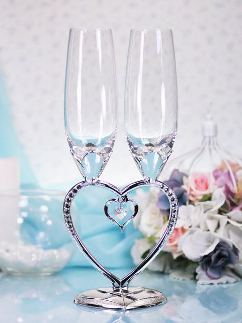 Свадебные бокалы Wed-4, белый металл Высокие свадебные бокалы для шампанского, высота 28см.  Основание ножки в форме сердечка. Под заказ