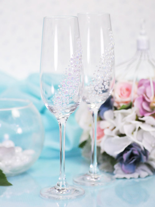 Свадебные бокалы Жемчужина 180мл, deco-504 Бокалы на свадьбу для шампанского из хрустального стекла, высота 21см. Декор перламутровыми жемчужинами