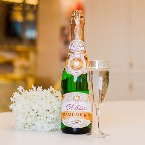 Набор наклеек на свадебное шампанское, золото Набор наклеек для оформления свадебного шампанского в золотом цвете