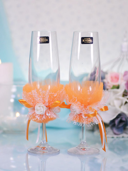 Свадебные бокалы deco-401, оранж Свадебные недорогие бокалы для шампанского, ручной декор, цена за 2 шт.