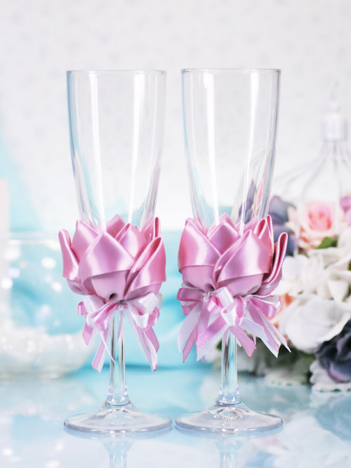 Свадебные бокалы Лотос, пыльная роза Свадебные недорогие бокалы для шампанского, ручной декор, цена за 2 шт.