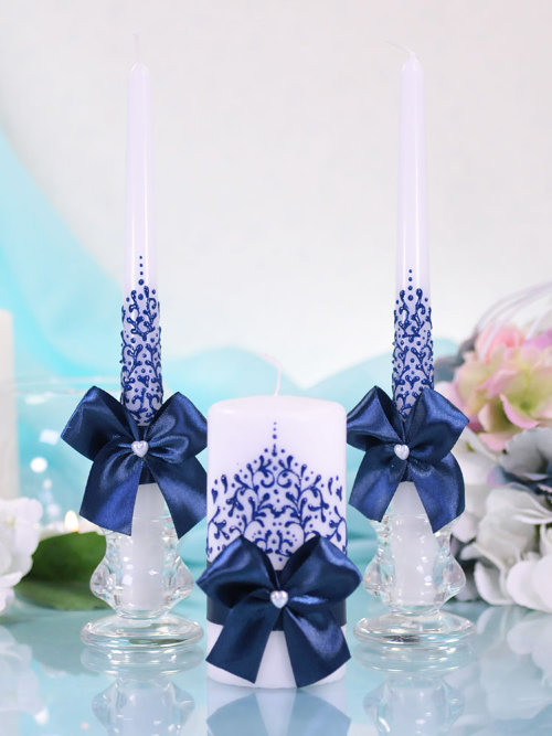 Домашний очаг Ажур синий, набор из 3-х свечей Свадебные свечи для традиционного зажжения домашнего очага. В наборе 3 свечи, ручная работа. Изготовление под заказ