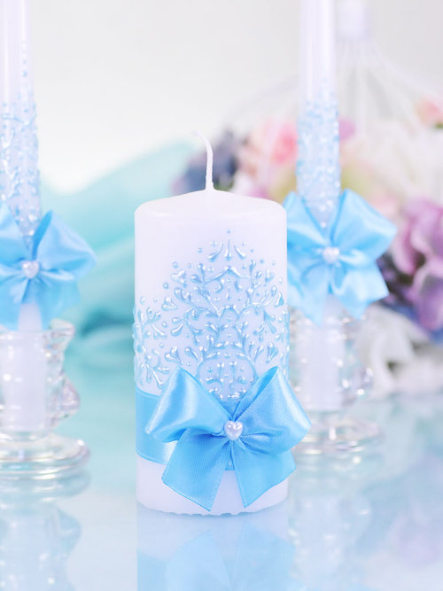 Домашний очаг Ажур голубой, набор из 3-х свечей Свадебные свечи для традиционного зажжения домашнего очага. В наборе 3 свечи, ручная работа. Изготовление под заказ
