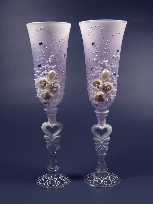 Свадебные бокалы 15-407 Свадебные бокалы для шампанского с лепниной, цвет белый с лавандой