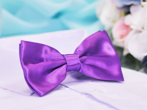 Галстук бабочка двойной фиолетовый  Двойной галстук бабочка гладкий фиолетового цвета из атласа, размером 12*6см. По размеру шеи регулируется. Застежка на крючок