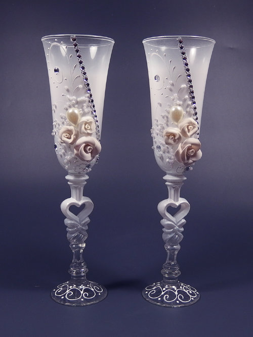 Свадебные бокалы 15-417 Свадебные бокалы для шампанского расписные, цвет белый с лепниной