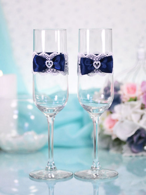 Свадебные бокалы Гармония, цвет синий Свадебные бокалы, ручной декор в синем цвете, цена за пару