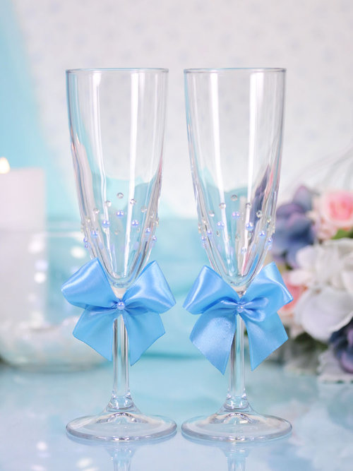 Свадебные бокалы Лада, цвет голубой Свадебные бокалы, ручной декор в голубом цвете, цена за пару