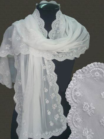 Палантин белый с вышивкой для венчания или крещения Белый шарф, легкий, красивый и женственный, с вышивкой, размер 58*200см для крестин или венчания