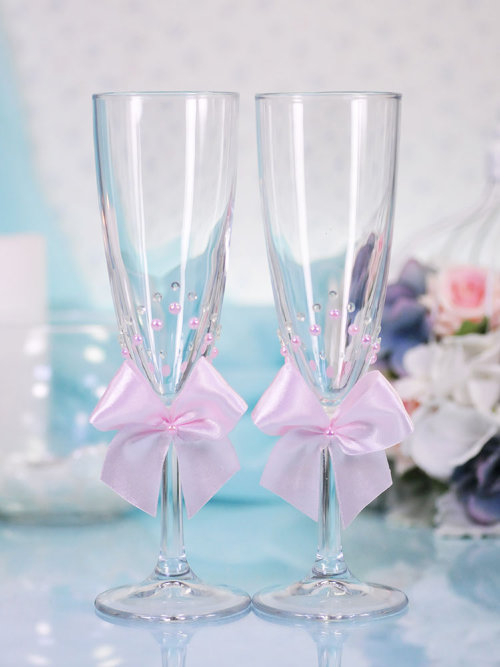 Свадебные бокалы Лада, цвет розовый Свадебные бокалы, ручной декор в розовом цвете, цена за пару