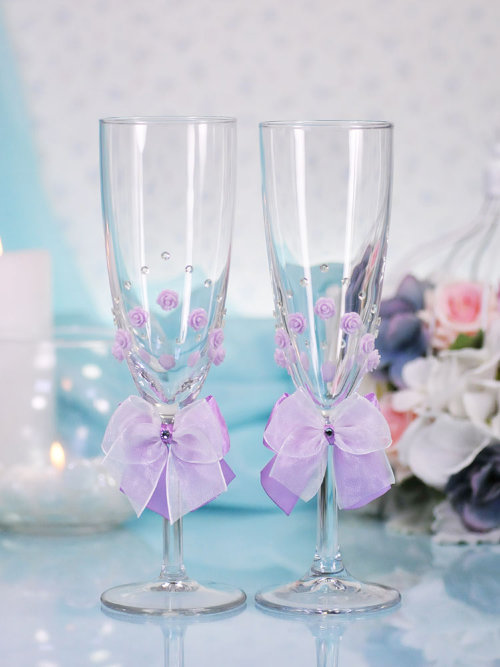 Свадебные бокалы Нежность, deco-036, лаванда Свадебные бокалы для шампанского, ручной декор. Высота бокала 21 см, цена за пару. 