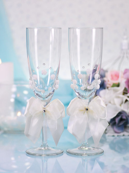 Свадебные бокалы Нежность, deco-036, цвет молочный Свадебные бокалы для шампанского, ручной декор. Высота бокала 21 см, цена за пару. 