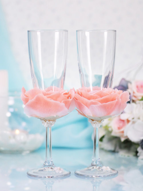 Свадебные бокалы, deco-019 Свадебные недорогие бокалы с персиковыми лепестками для шампанского, ручной декор, цена за 2 шт. 